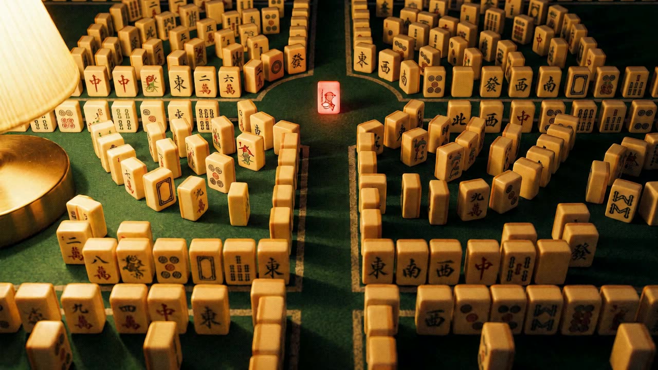 A mahjong table set for four under a low lamp, a red-backed joker tile face-up among the wall